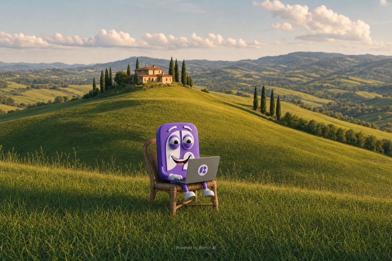Immagine generata con Bynor: la mascotte del brand lavora al laptop tra le colline