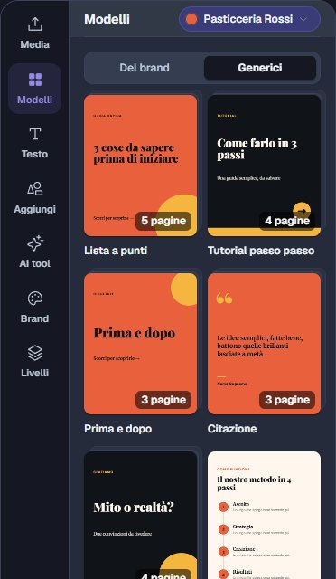 The Templates drawer in Studio: ready-made carousels such as bullet list, step-by-step tutorial, before and after, quote